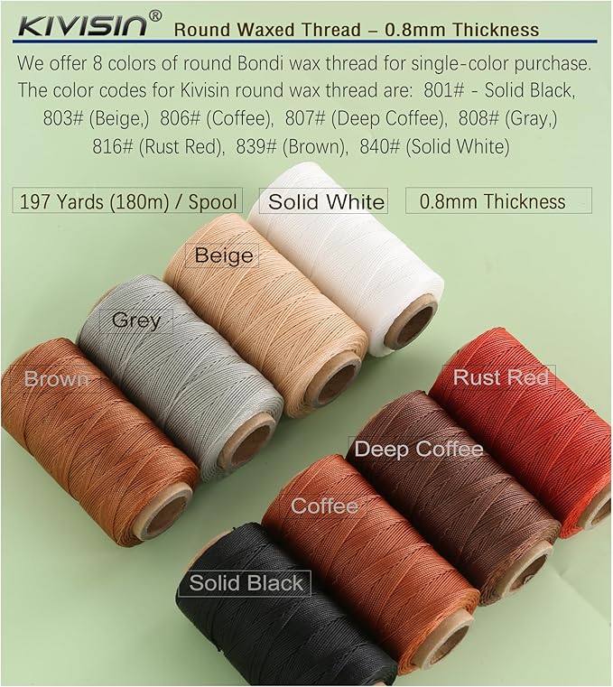 Bonded 0.8mm Round Waxed Polyester Cord, 3-ply Wax Coated Thread, 197 Yards Stiff String for Heavy Duty Fabric, Leather Sewing, Book Binding, Upholstery Repair, and Macrame Jewelry - Rust Red