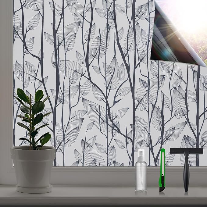 Leaf Pattern Window Tint with Installation Tools, Blackout Window Cover, Sun Blocking Window Tint for Home (Full Blackout Opaque, 35.4'' x 78.7'')