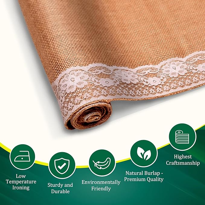 Burlap Lace Table Runner (Pack of 6) – 12”x 108” - No-Fray Finished Edge Natural Table Runner – No Odor, Eco-Friendly Burlap Runner - Perfect for Christmas, Wedding, Thanksgiving