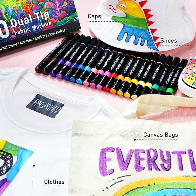 Fabric Markers Permanent for Clothes, 20 Colors Dual Tip with Fine and Chisel Tips Paint Pens for Clothing Canvas Tote Bags T-Shirt and Shoes, Non Toxic Ink for Kids and Adults
