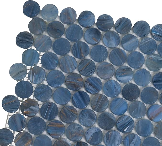 Denim Blue Penny Round Mosaic Glass Tile – Sample Swatch- 4"x5" - Luxurious Design for Bathroom Walls, Kitchen Backsplash, Shower Walls - Elegant Wall Decor - NOT Peel and Stick Tile