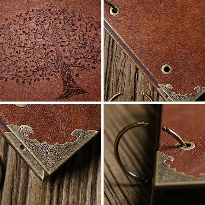 Photo Album DIY Scrapbook (10x10 inch 50 Pages Double Sided), Vintage Leather Cover Three-Ring Binder Family Picture Booth with 9 Color 408pcs Self Adhesive Photos Corners for Memory Keep, Tree