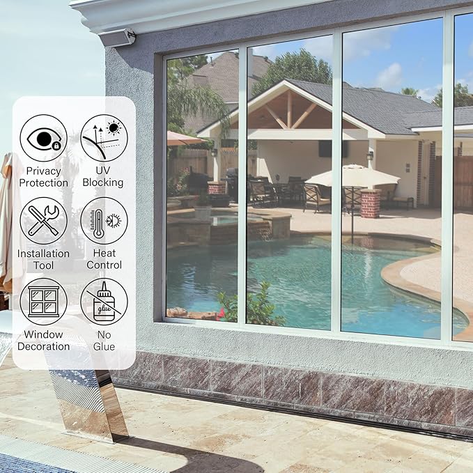 Kromapolis One Way Window Privacy Film Reflective Mirror Home Window Tint, Daytime Privacy Heat Control Anti UV Glass Tinting Static Cling (Silver, 35.4 x 314.9 inch)