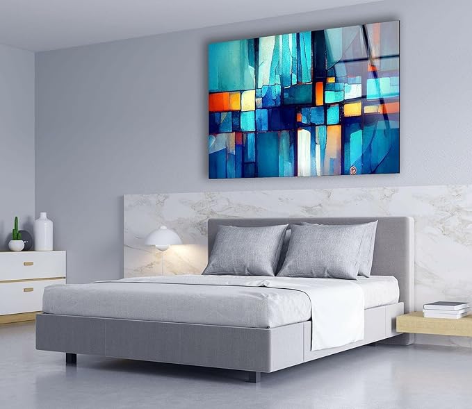 My Photostation.com 48Wx32H'' Blue Vibrant Stained Glass Wall ArtTempered Glass Printing Wall Decor Large Wall Art Wall Hangings