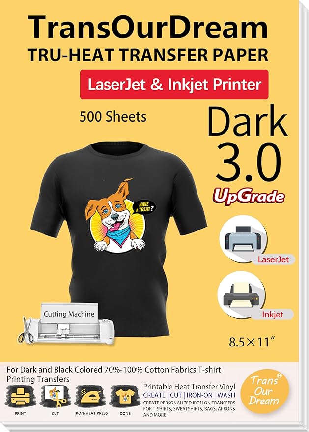 TransOurDream Tru-Heat Transfer Paper for Inkjet & Laserjet Printer (500 Sheets, 8.5x11", Dark 3.0) Printable HTV Heat Transfer Vinyl for T Shirts Iron on Transfers for Dark Fabrics