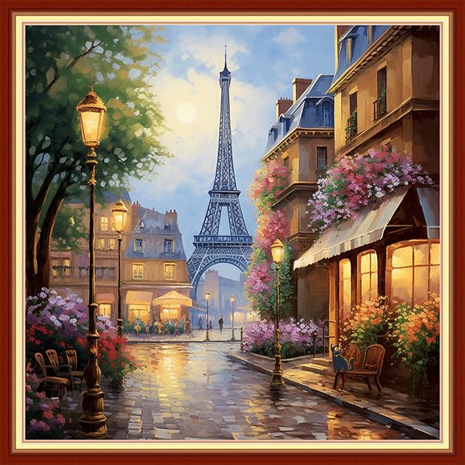 Disxvivy Cross Stitch Stamped Full Embroidery Kits DIY 11CT Cotton Thread Printed DIY Needlepoint Kits Craft Needlework Set Cross-Stitch Stamped Sets-Flower Street Tower 18x18 inch