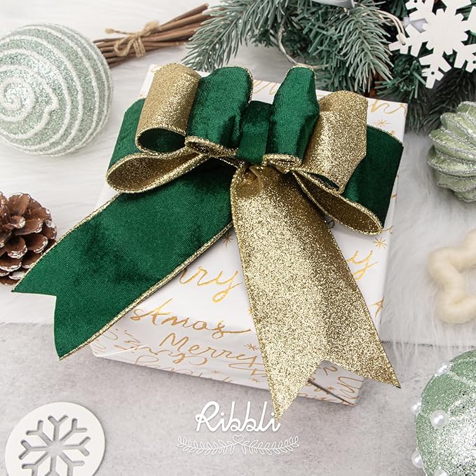 Ribbli Forest Green Velvet Wired Ribbon 2.5 Inch Green Velvet with Gold Glitter Christmas Ribbon for Christmas Tree Decoration Big Bow Gift Wrapping Crafts Wreaths Supplies- 10 Yards