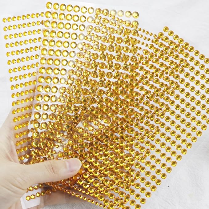 1799 Pcs 4 Sheets Rhinestone Stickers 3/4/5/6 mm Self Adhesive Rhinestones Gems for Face Eyes Makeup Hair Body (gold-3/4/5/6mm)