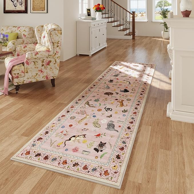 Rugcomf Runner Rug for Kitchen Non Slip 2'6''x8' Washable Rugs with Rubber Backing Soft Floral Animal Cat Carpet Runner for Kitchen Laundry Bedroom Bathroom, Pink