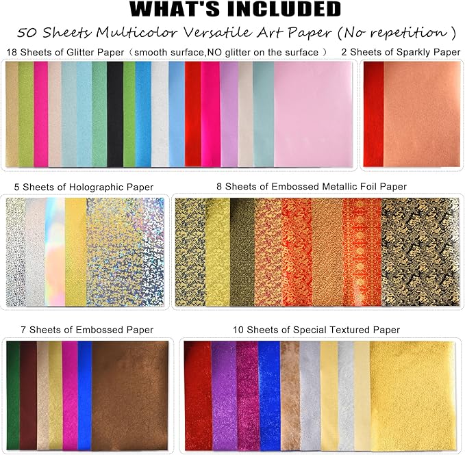 A4 Glitter Embossed Metallic Foil Paper Pack - 50 Sheets Assorted Colors & Designs Sparkly Holographic Premium Construction Paper for Gift Box Wrapping Birthday Party Scrapbook Paper
