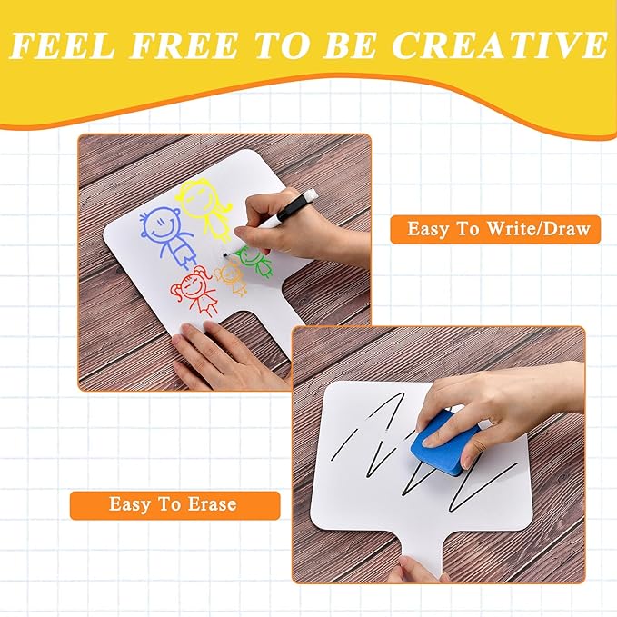 10 Pcs Dry Erase Answer Paddle, 10 x 8 Inch Auction Paddles with Markers and Erasers, Handheld White Board with Handle for Teaching Meeting Bidding Voting Games (Double Sided)