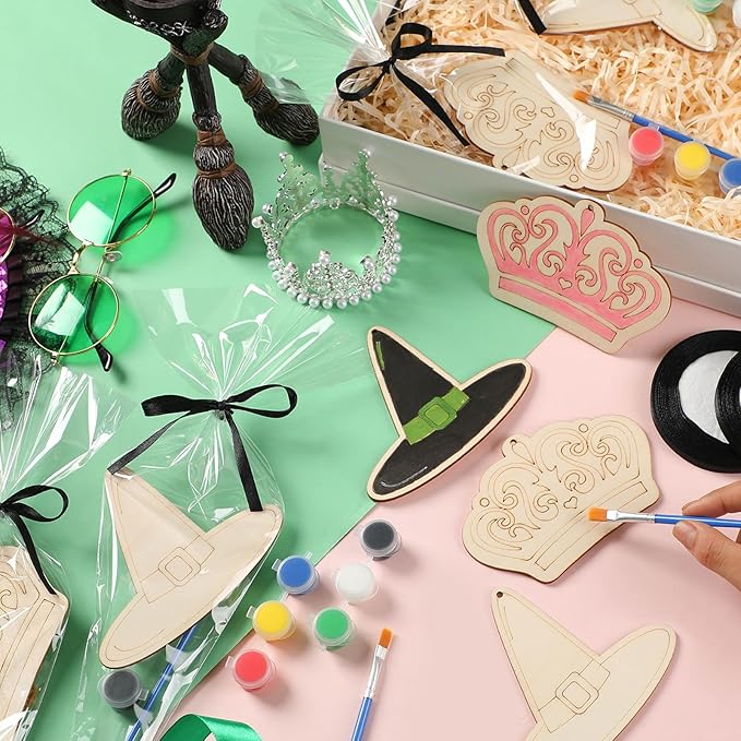 24 Set Paint Your Own Witch Princess Party Favors Pink and Green Party Supplies Witch Hats Princess Crowns DIY Wood Painting Craft Kit Color Your Own Arts Crafts Kit for Birthday Gift