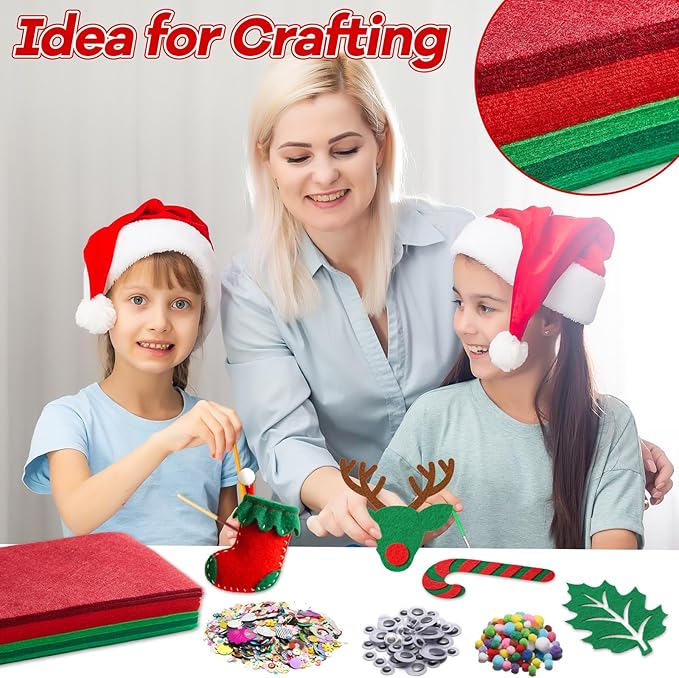 gisgfim 42Pcs Red and Green Gradient Felt Fabric Sheets 8 x 12 Inch Soft Thick Christmas Xmas Felt Pack with Wiggle Google Eye Pom Pom Glitter Patchwork Craft for DIY Sewing Creative Art Project Decor