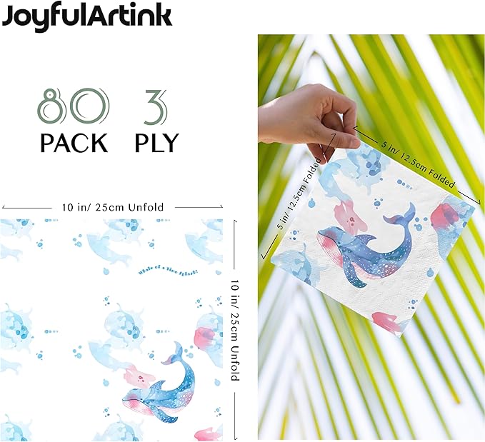 80 pcs Premium Designer Cocktail Beverage Napkins, 3-Ply 5 x 5-inches Disposable Napkin, Aqua Amore Dreams of Whale
