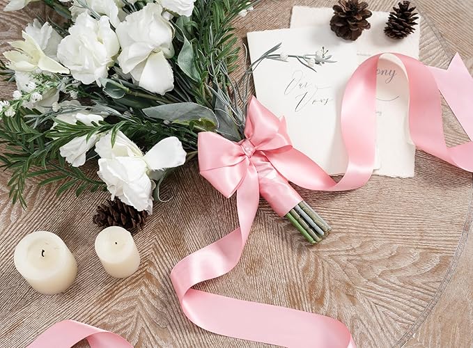 Pink Satin Ribbon 1-1/2 Inch x 50 Yards Double-Faced Valentines Ribbons for Flower Bouquet Gift Wrapping Party Decor Wedding Invitation DIY Craft