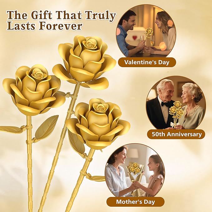 Gold Roses Flower Building Set - 3 Roses Bouquet Botanical Building Blocks for Adult, Home Decor Romantic Anniversary Valentine's Day Gift for Her, Wife, Girlfriend, Mom