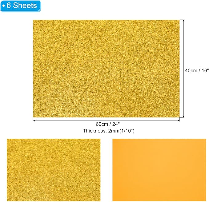 PATIKIL 2mm(1/10") Thick Non Adhesive Glitter Foam Sheet 16x24inch(40x60cm) Yellow, EVA Shiny Foam Board for Craft, 6 Pcs