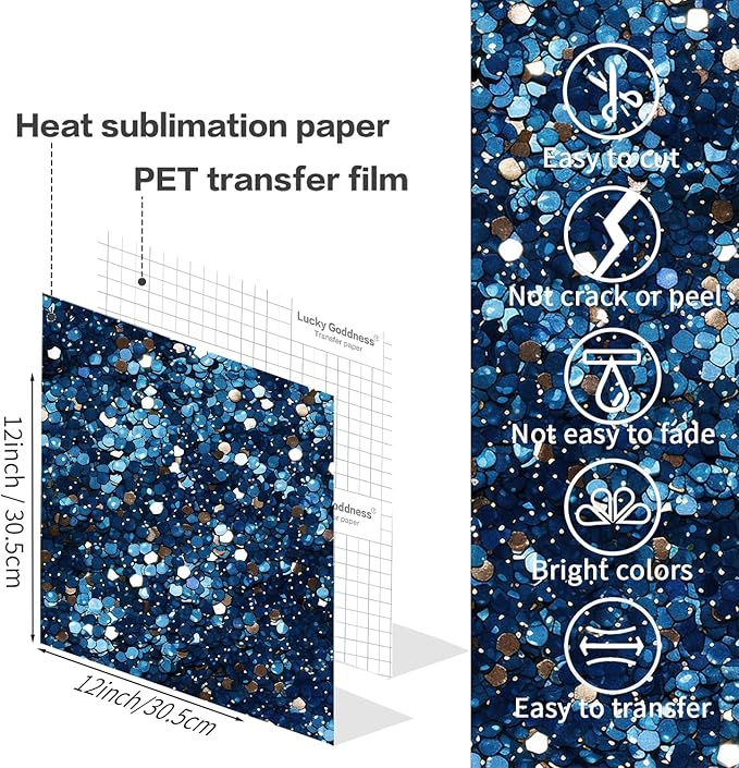 Sublimation Transfer Sheets for Tumblers Blanks Tshirts,Blue Glitter Sublimation Transfer Paper for Heat Press Machine,10pcs,12x12