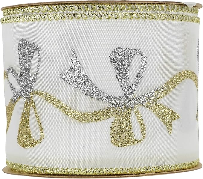 MEEDEE Gold & Silver Christmas Ribbon - 2.5 Inch White Satin with Glittery Bows Pattern - 10 Yards Wired Ribbon for Tree, Garlands & Toppers