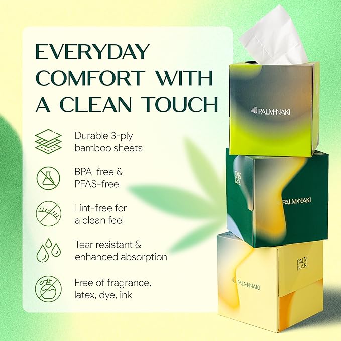 Bamboo Facial Tissue | 3-Ply Strong | Lint-Free, Fragrance-Free | Gentle for Sensitive Skin | BPA & PFAS-Free, FSC Certified | 8 Cube Boxes (480 Sheets) | PALM NAKI