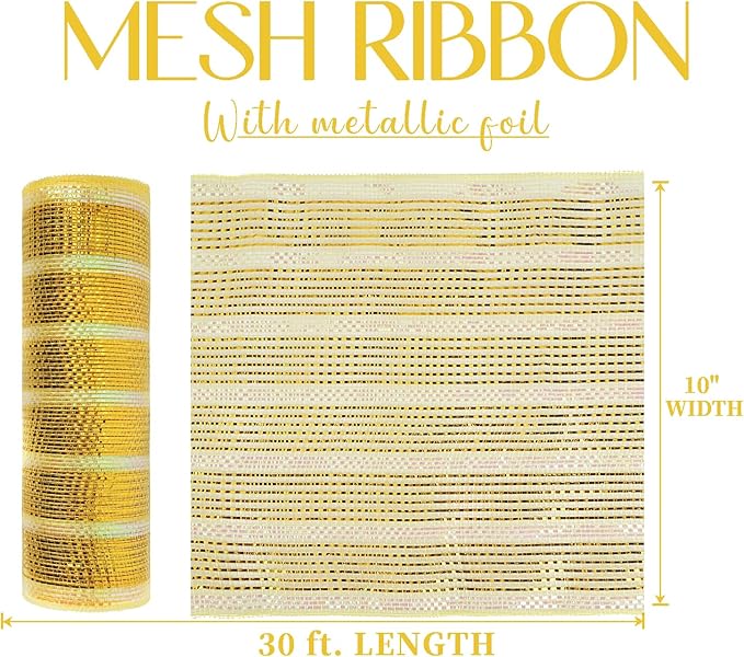 MEEDEE Gold Deco Mesh 10 Inch Deluxe Wide Foil & Iridescent Metallic Stripe Mesh Ribbon for Wreaths, Christmas Tree, Garland, Gift Wrapping, Bows Making (30 Feet)