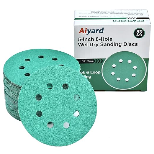 5-Inch 8-Hole Wet Dry Sanding Discs 60 Grit, Polyester Film Backed Heavy-Duty Hook and Loop Sandpaper for Random Orbital Sander, 50-Pack