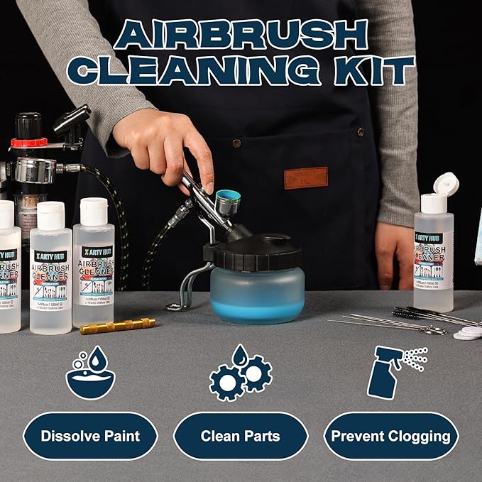 X ARTY HUB Airbrush Cleaning Kit - 4 * 4.05 fl oz / 120 ml Airbrush Cleaner with Glass Cleaning Pot, Easily Handle Water-Based and Acrylic Paints, for Airbrushes & Other Artistic Tools