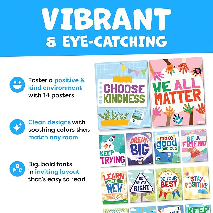 Motivational Posters for Classroom - 14pcs Positive Inspirational Posters for Classroom - Elementary Middle School High School - Positive Affirmation Wall Decor - Motivational Bulletin Board Decorations