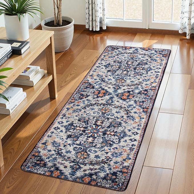 Lahome Washable Runner Rug, 2x5 Bohemian Kitchen Rug Runners Low Pile Bathroom Runner Rugs with Rubber Backing, Printed Throw Carpet Runners for Laundry Room Hallway Bedside, Blue Purple/Multi