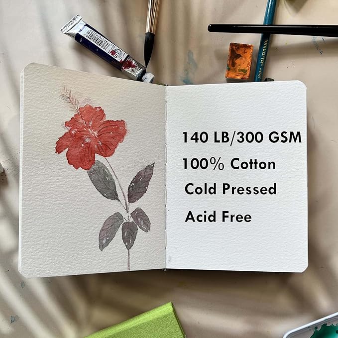 tumuarta 100% Cotton Watercolor Journal Sketchbook, Cold Press, 7.5x5 in, 140 LB, 300GSM, Acid Free, 24 Sheets,48 Pages, Watercolor Journal for Use As Travel Notebook and Mixed Media Pad On The Go
