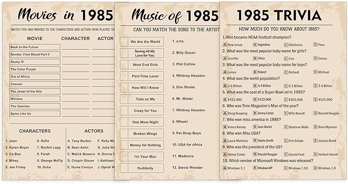 40th Birthday Party Games, Set of 3 Activities for 10 Guests, Born in 1985 Games Bundle, Birthday Party Supplies for Adults, Pack of 30 Cards