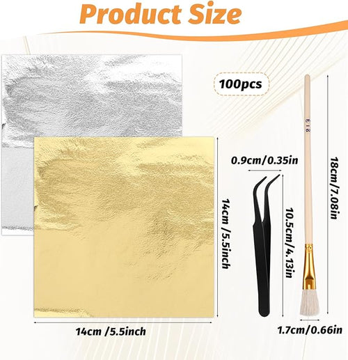 100 Pcs 5.5" X 5.5" Gold Leaf Sheets for Art Foil Paper, Gold & Silver Foils Sheets, Foil Paper Art Foils Sheet for Resin Gilding Crafting Nails Furniture Home Decor with Tweezer & Brush