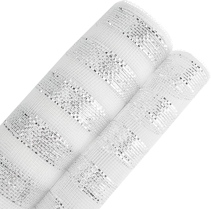 MEEDEE Silver Mesh Ribbon 10 Inch Deluxe Wide Foil Metallic Striped Deco Mesh Decorative Mesh Christmas Mesh Ribbon for Wreaths, Christmas Tree, Garland, Gift Wrapping, Bows Making (30 Feet)
