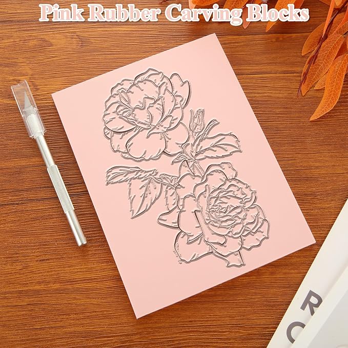 10 Pcs Linoleum Blocks for Printmaking 6 x 8 Inch - Pink Rubber Carving Block - Printmaking Supplies with Carving Knife, Soft and Easy to Carve