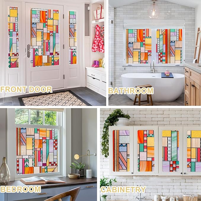 3D Stained Glass Window Privacy Film, Heat Control UV Blocking Static Cling Decorative Window Film for Bathroom,Front Door,Home Non Adhesive,35.4 x 78.7 inches Autumn Reverie