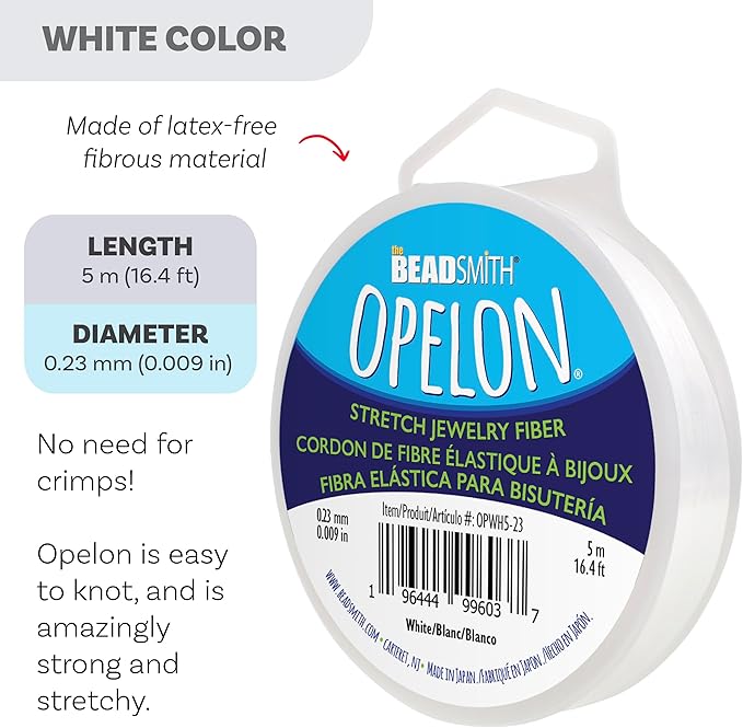 The Beadsmith Opelon Stretch Cord – Elastic Beading Fiber, White, 0.23 mm Diameter, 5 Meters (16.4 ft) Spool