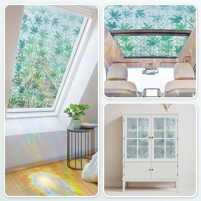 Haton Window Privacy Film, Decorative Stained Glass Window Clings, 3D UV Sun Blocking Sticker, Removable Static Cling Heat Control Tint for Home Door, Leaf Rainbow, 23.6" x 157.4" Non-Adhesive