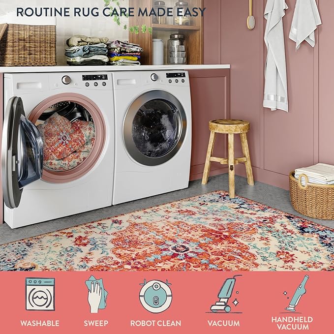 Lahome Floral Washable Kitchen Runner Rug - 2x6 Hallway Entryway Runner Rug, Oriental Medallion Distressed Non-Slip Mat, Bohemian Low-Pile Floor Carpet Runners for Bathroom Laundry Bedside, Orange