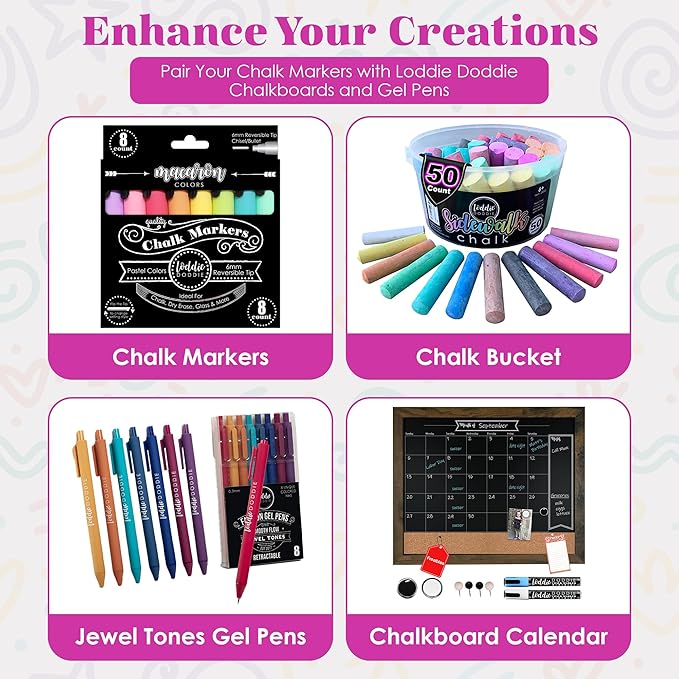 Loddie Doddie Chalk Markers - 24-Pack, 6mm Reversible Tips - Colored Chalk Pens for Art & Decor - Window Markers for Glass & Metal - Dry Erase Pens for Mirrors & More