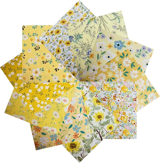 HANPATQUI 50PCS 8 x 8 inch Yellow Printed 100% Cotton Fat Quarters Fabric for Sewing and Quilting Bundles Precut Fabric Square for DIY Craft Patchwork