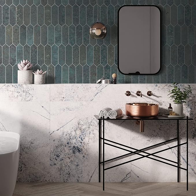 SUNWINGS Backsplash Tile for Kitchen Peel and Stick, Stone Composite Self Adhesive Tiles Faux Marble Pattern Long Hexagon Mosaic Wall Tile for Kitchen, 12 Inch x 11.22 Inch 10 Sheets Green