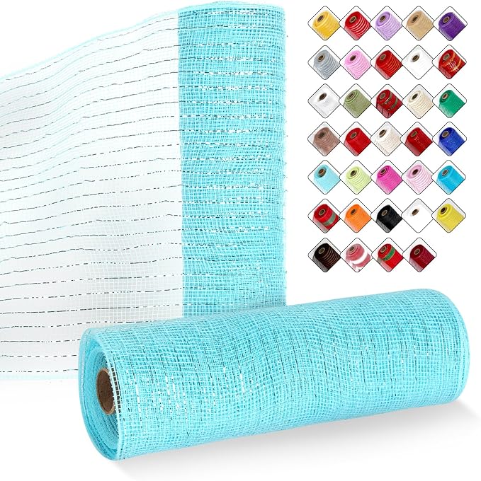 2 Rolls Mesh Ribbon for Wreaths 10 Inch x 30 Foot Wreath Mesh Rolls with Metallic Foil for Easter Christmas Party Wedding Home Decor DIY Craft Projects and Gift Wrapping (Light Blue)