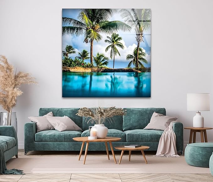 My Photostation.com Round 31,5'' Island & Blue Sea Glass Wall ArtTempered Glass Printing Wall Decor Large Wall Art Wall Hangings