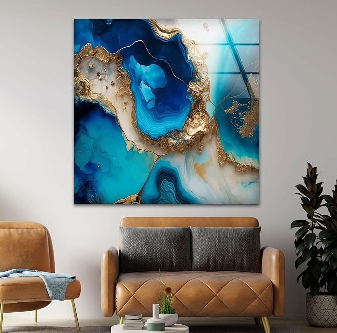 My Photostation.com 43Wx27H'' Blue Alcohol ink Glass Wall ArtTempered Glass Printing Wall Decor Large Wall Art Wall Hangings