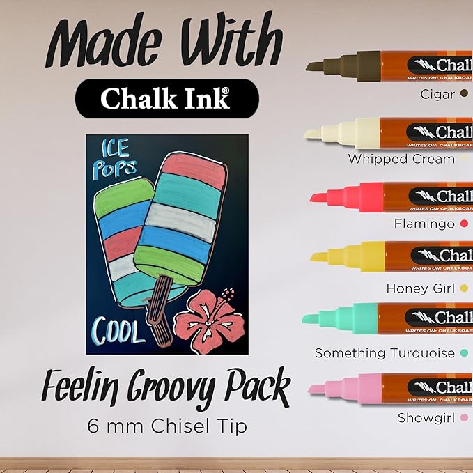 Chalk Ink Chisel Tip Wet Wipe Chalk Markers (Feelin' Groovy, 6mm, 6 Pack)