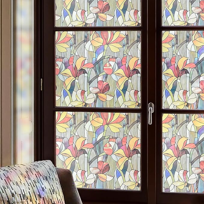 Window Privacy Film, Frosted Glass Decorative Static Cling, Removable Sun Blocking Vinyl Covering, Window Film for Home Kitchen Living Room Bathroom, Glazed Flower Shadows, 17.5" x 78.7 "