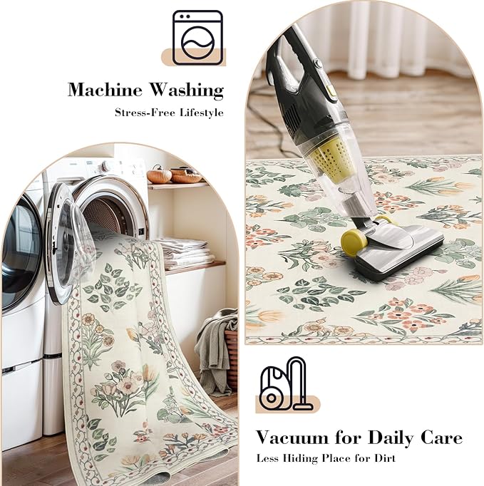 Wonnitar Nursery Rug for Baby Girl, Washable Moroccan Floral 5x7 Rug, Ultra-Thin Non Slip Neutral Flower Print Carpet for Living Room Kids Room Dorm Home Decor, Cream Beige