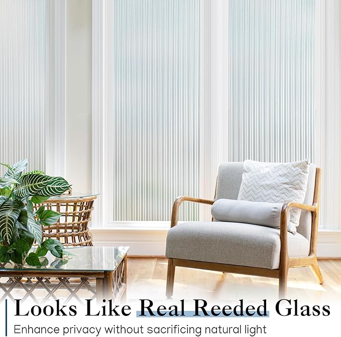 Haton Reeded Glass Window Privacy Film, Frosted Glass Window Film, Static Cling UV Blocking Stickers, Decorative Removable Cover for Bathroom Door Office, Non Adhesive 23.6" x 157.4"