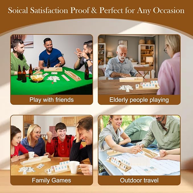 Upgraded 2-4 Players Rummy Game, 106 Melamine Tiles, 4 Wooden Racks, Premium Portable Case, Drawstring Bags, Tile Board Games for Adults, Birthday Gifts for Men Women Dad Mom