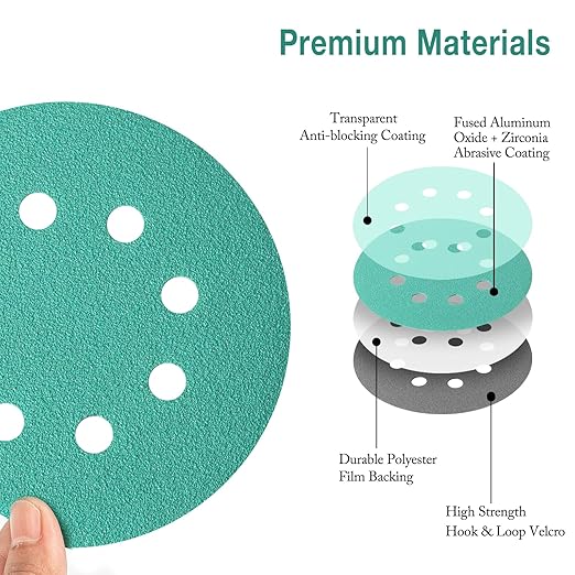 5-Inch 8-Hole Wet Dry Sanding Discs 60 Grit, Polyester Film Backed Heavy-Duty Hook and Loop Sandpaper for Random Orbital Sander, 50-Pack